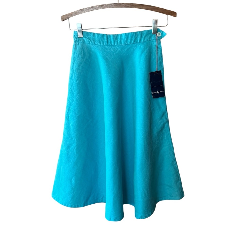 Deadstock‎ 1970s/80s Ralph Lauren 100% Linen Vibrant Turquoise A-Line Midi Skirt